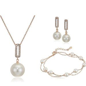 Crystalline Azuria Simulated White Pearls Earrings Necklace Bracelet Rose Gold